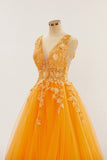 Orange Tiefer V-Ausschnitt Applikationen A-Linie Langes Ballkleid Abendkleid