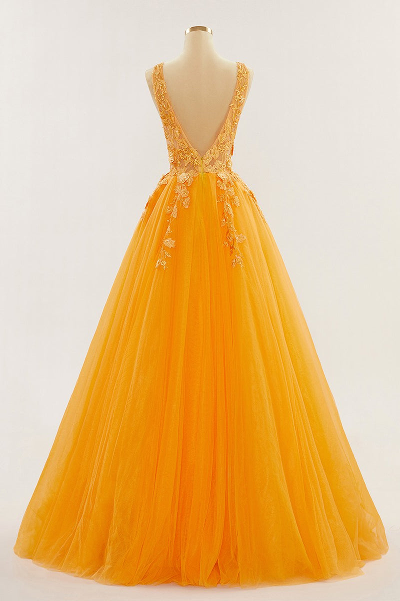 Orange Tiefer V-Ausschnitt Applikationen A-Linie Langes Ballkleid Abendkleid