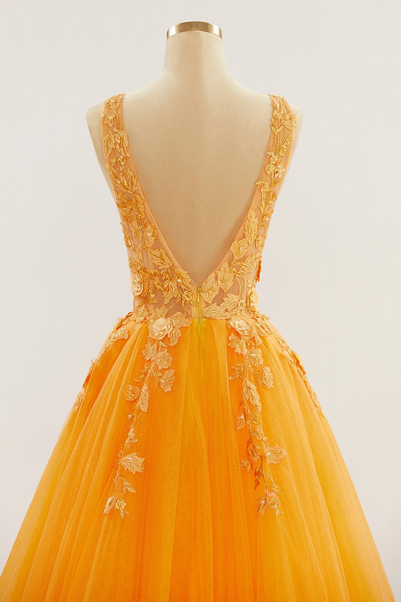 Orange Tiefer V-Ausschnitt Applikationen A-Linie Langes Ballkleid Abendkleid