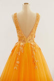 Orange Tiefer V-Ausschnitt Applikationen A-Linie Langes Ballkleid Abendkleid