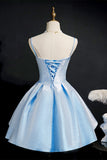 Sky Blue Straps Pleated Homecoming Party Dress Cocktail Prom Gowns