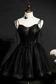 Schwarze Fliege an den Schultern, Perlenbesetzter Schnürkragen, Homecoming-Partykleid, Cocktail-Ballkleid 