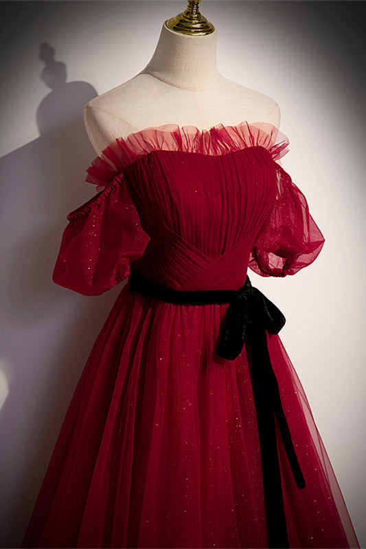 Red Off-the-Shoulder Pleated Ruffle Maxi Formal Dress with Sash Prom Evening Gowns