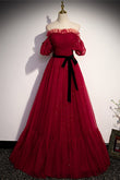 Red Off-the-Shoulder Pleated Ruffle Maxi Formal Dress with Sash Prom Evening Gowns