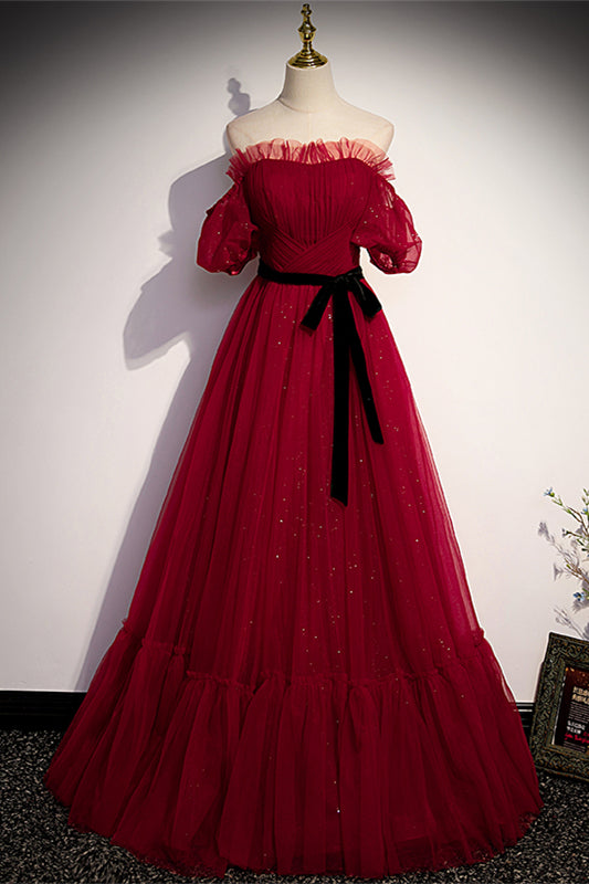 Red Off-the-Shoulder Pleated Ruffle Maxi Formal Dress with Sash Prom Evening Gowns