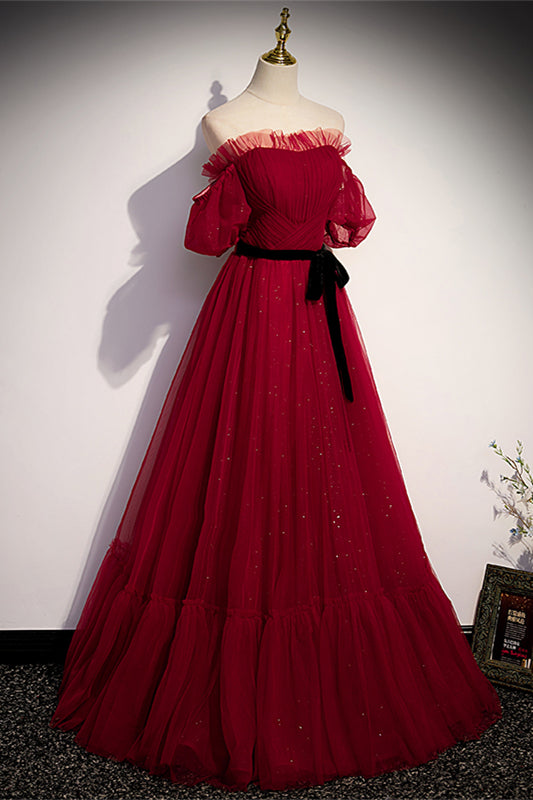 Red Off-the-Shoulder Pleated Ruffle Maxi Formal Dress with Sash Prom Evening Gowns