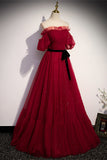 Red Off-the-Shoulder Pleated Ruffle Maxi Formal Dress with Sash Prom Evening Gowns