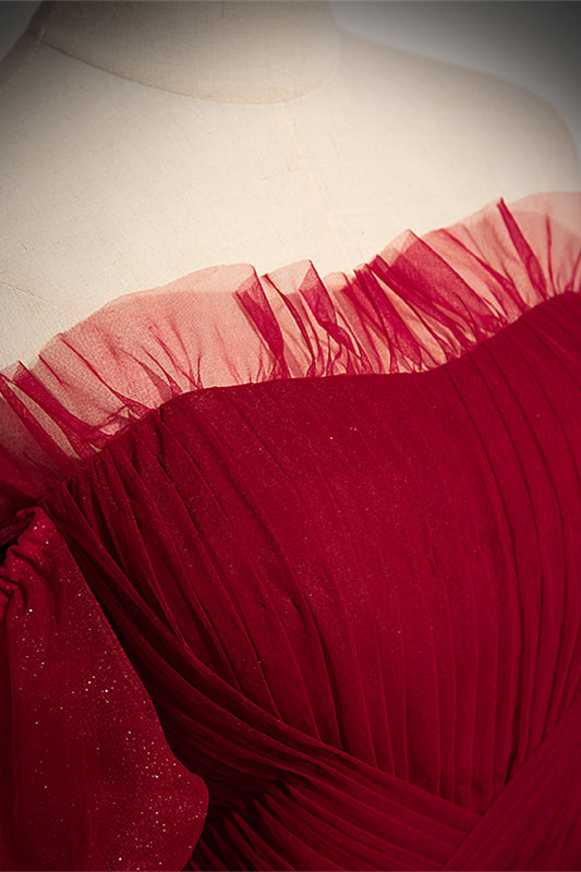Red Off-the-Shoulder Pleated Ruffle Maxi Formal Dress with Sash Prom Evening Gowns