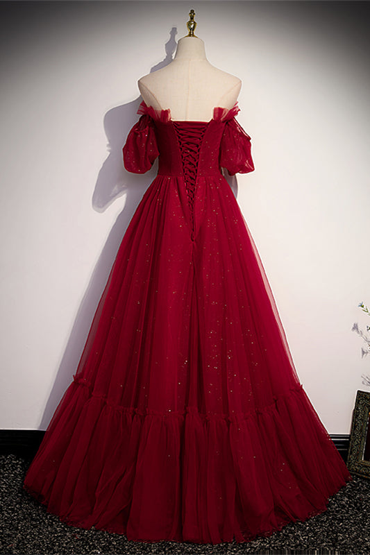 Red Off-the-Shoulder Pleated Ruffle Maxi Formal Dress with Sash Prom Evening Gowns