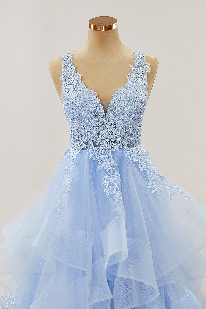 Hellblaue Applikationen Tiefer V-Ausschnitt Rüschenlagen Langes Ballkleid Abendkleid Formelle Ballkleider