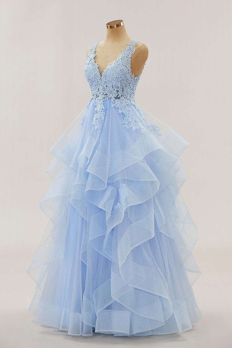 Hellblaue Applikationen Tiefer V-Ausschnitt Rüschenlagen Langes Ballkleid Abendkleid Formelle Ballkleider