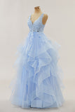Hellblaue Applikationen Tiefer V-Ausschnitt Rüschenlagen Langes Ballkleid Abendkleid Formelle Ballkleider