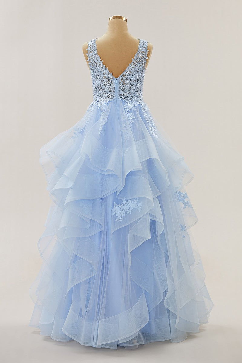 Hellblaue Applikationen Tiefer V-Ausschnitt Rüschenlagen Langes Ballkleid Abendkleid Formelle Ballkleider