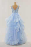 Hellblaue Applikationen Tiefer V-Ausschnitt Rüschenlagen Langes Ballkleid Abendkleid Formelle Ballkleider