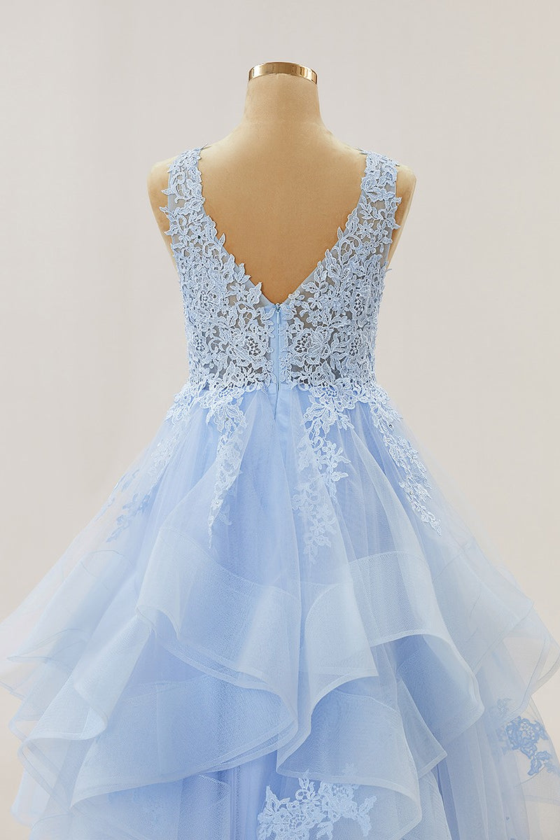 Hellblaue Applikationen Tiefer V-Ausschnitt Rüschenlagen Langes Ballkleid Abendkleid Formelle Ballkleider