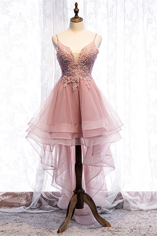 Vestido formal de fiesta de graduación con escote en V profundo, corte A, apliques de cuentas, capas múltiples, corte alto y bajo, para regreso a casa 