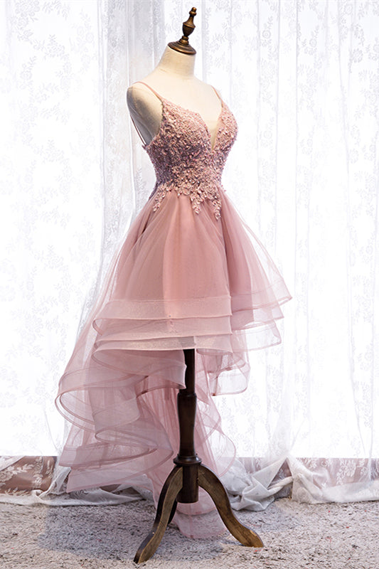 A-line Deep V Neck Beaded Appliques Multi-Layers Hi-Low Formal Prom Dress Homecoming Gowns