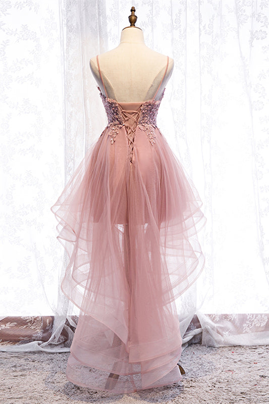A-line Deep V Neck Beaded Appliques Multi-Layers Hi-Low Formal Prom Dress Homecoming Gowns