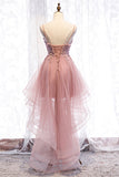 A-line Deep V Neck Beaded Appliques Multi-Layers Hi-Low Formal Prom Dress Homecoming Gowns