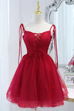 Wine Red Bow Tie Lace-Up Deep V Beaded Homecoming Party Dress Prom Cocktail Gowns
