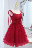 Wine Red Bow Tie Lace-Up Deep V Beaded Homecoming Party Dress Prom Cocktail Gowns