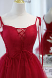 Wine Red Bow Tie Lace-Up Deep V Beaded Homecoming Party Dress Prom Cocktail Gowns