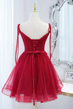 Wine Red Bow Tie Lace-Up Deep V Beaded Homecoming Party Dress Prom Cocktail Gowns
