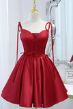Wine Red Bow Tie Lace-Up Deep V Beaded Homecoming Party Dress Prom Cocktail Gowns