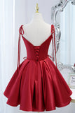 Wine Red Bow Tie Lace-Up Deep V Beaded Homecoming Party Dress Prom Cocktail Gowns
