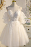 Champagner Off-the-Shoulder Puffärmel Spitze Perlen Homecoming Partykleid Prom Cocktailkleider 