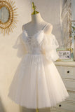 Champagner Off-the-Shoulder Puffärmel Spitze Perlen Homecoming Partykleid Prom Cocktailkleider 