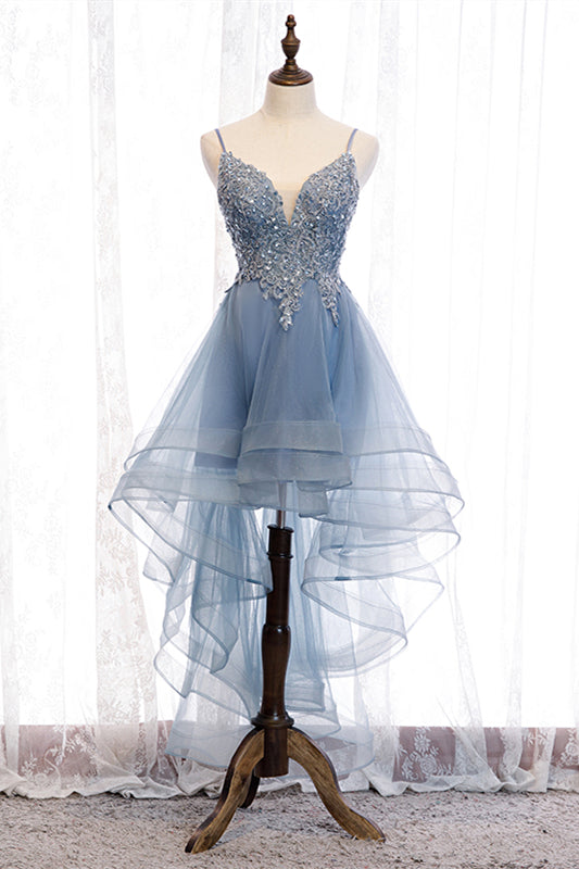 A-line Deep V Neck Beaded Appliques Multi-Layers Hi-Low Formal Prom Dress Homecoming Gowns