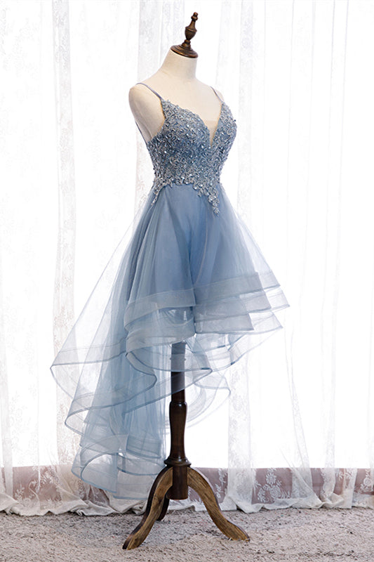 A-line Deep V Neck Beaded Appliques Multi-Layers Hi-Low Formal Prom Dress Homecoming Gowns