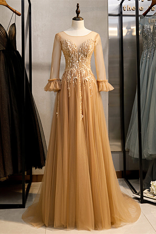 Gold Illusion Neck Lange Ärmel Perlen Applikationen Maxi Formales Kleid Abend Ballkleider 