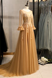 Gold Illusion Neck Lange Ärmel Perlen Applikationen Maxi Formales Kleid Abend Ballkleider 