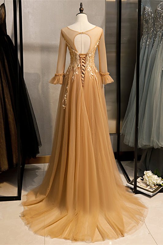 Gold Illusion Neck Lange Ärmel Perlen Applikationen Maxi Formales Kleid Abend Ballkleider 