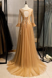 Gold Illusion Neck Lange Ärmel Perlen Applikationen Maxi Formales Kleid Abend Ballkleider 