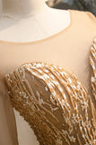 Gold Illusion Neck Lange Ärmel Perlen Applikationen Maxi Formales Kleid Abend Ballkleider 