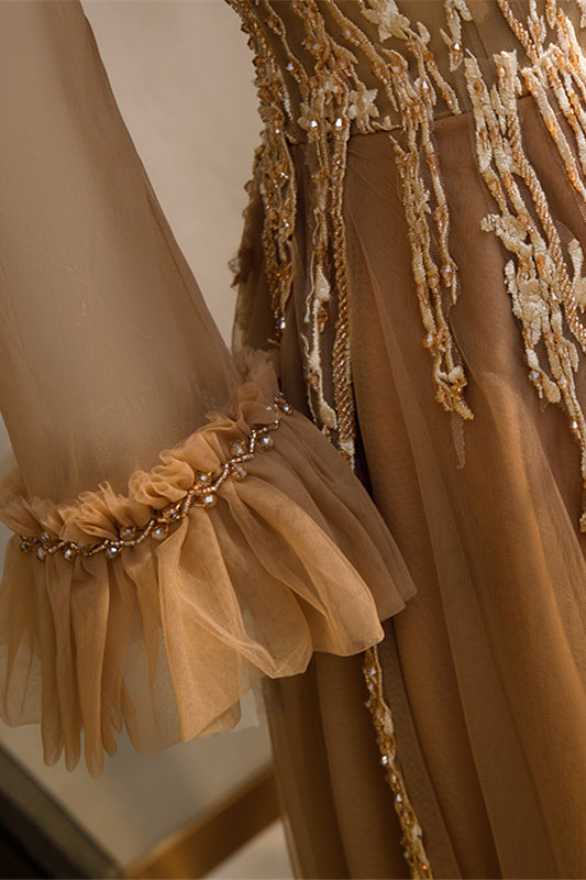 Gold Illusion Neck Lange Ärmel Perlen Applikationen Maxi Formales Kleid Abend Ballkleider 