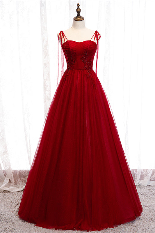 Red A-line Pleated Bow Tie Double Straps Beaded Appliques Maxi Formal Dress Evening Prom Gowns