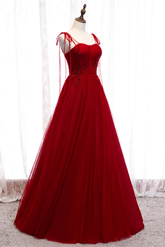 Red A-line Pleated Bow Tie Double Straps Beaded Appliques Maxi Formal Dress Evening Prom Gowns