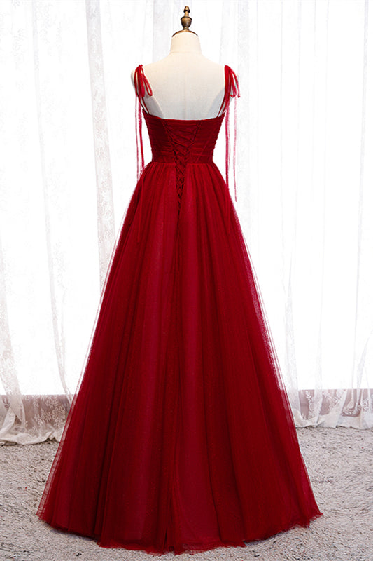 Red A-line Pleated Bow Tie Double Straps Beaded Appliques Maxi Formal Dress Evening Prom Gowns