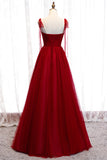 Red A-line Pleated Bow Tie Double Straps Beaded Appliques Maxi Formal Dress Evening Prom Gowns