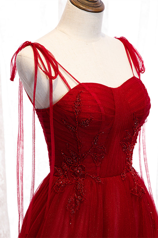 Red A-line Pleated Bow Tie Double Straps Beaded Appliques Maxi Formal Dress Evening Prom Gowns