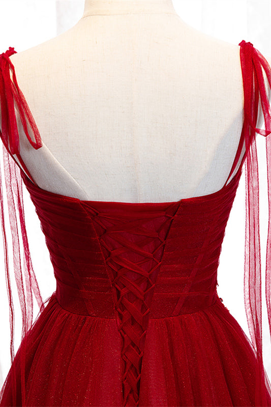 Red A-line Pleated Bow Tie Double Straps Beaded Appliques Maxi Formal Dress Evening Prom Gowns
