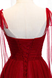 Red A-line Pleated Bow Tie Double Straps Beaded Appliques Maxi Formal Dress Evening Prom Gowns
