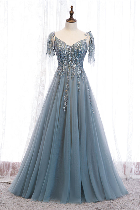 Graues A-Linien-Maxikleid mit Perlenapplikationen, Fliege und transparenten Trägern, formelles Abendkleid 