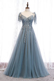 Graues A-Linien-Maxikleid mit Perlenapplikationen, Fliege und transparenten Trägern, formelles Abendkleid 