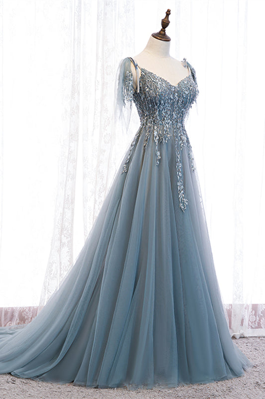 Graues A-Linien-Maxikleid mit Perlenapplikationen, Fliege und transparenten Trägern, formelles Abendkleid 