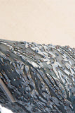 Graues A-Linien-Maxikleid mit Perlenapplikationen, Fliege und transparenten Trägern, formelles Abendkleid 